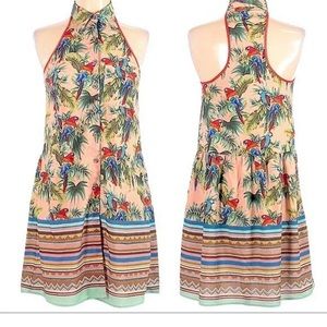 Anthropologie Dream Daily Tropical Parrot Palm Tree Racerback Mini Dress Size S